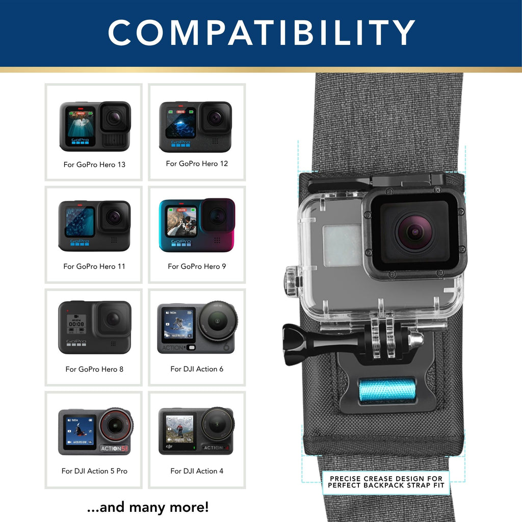 Backpack Strap Shoulder-Level and Chest-Level Mount Camera with Adjustable Shoulder Pad, Bag Belt Holder Clip Compatible with GoPro Hero 13/12/11/9/8, 