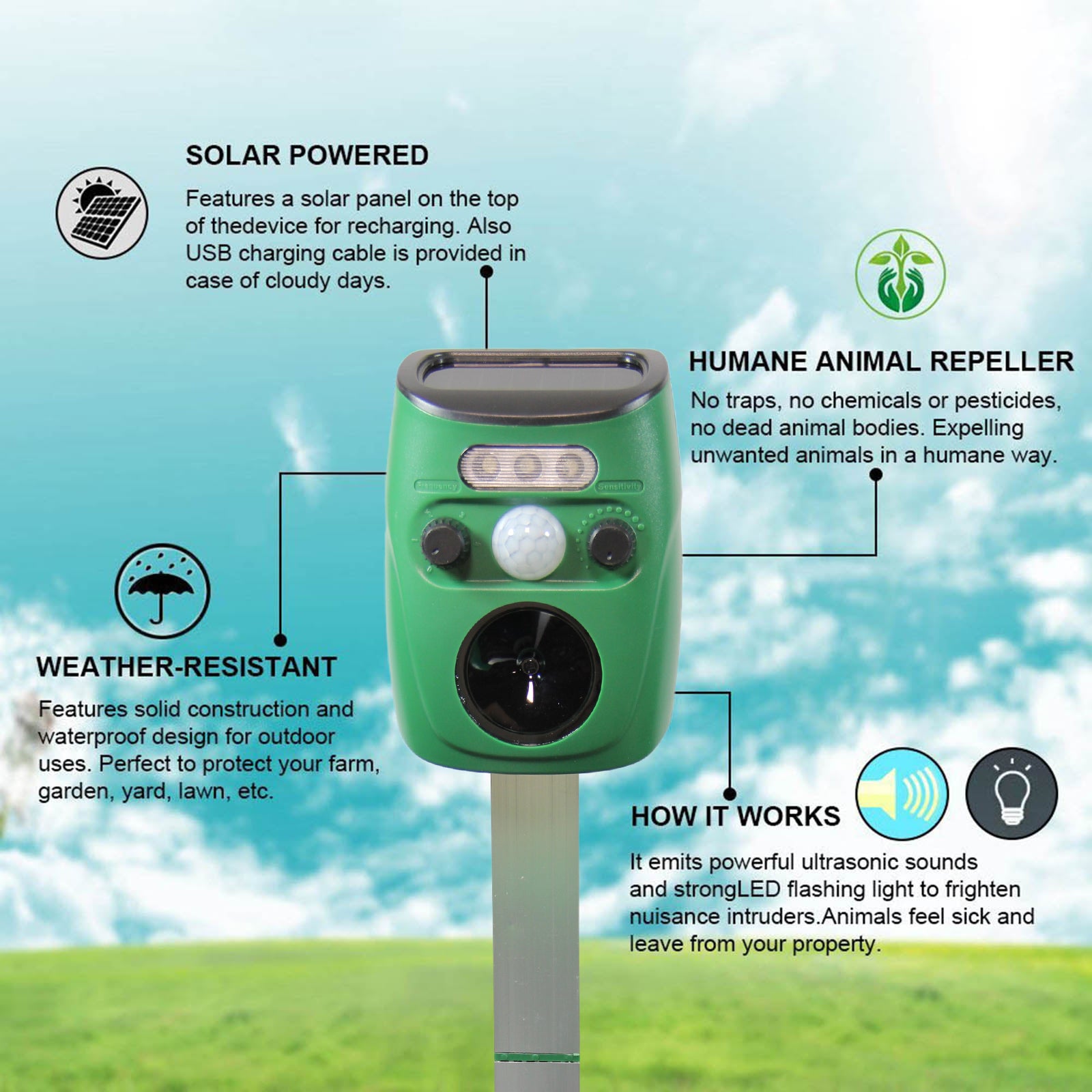 Solar Pest Repeller for Outdoor Yard Garden - Chase Away Dog Cat Bird –  MaximalPower