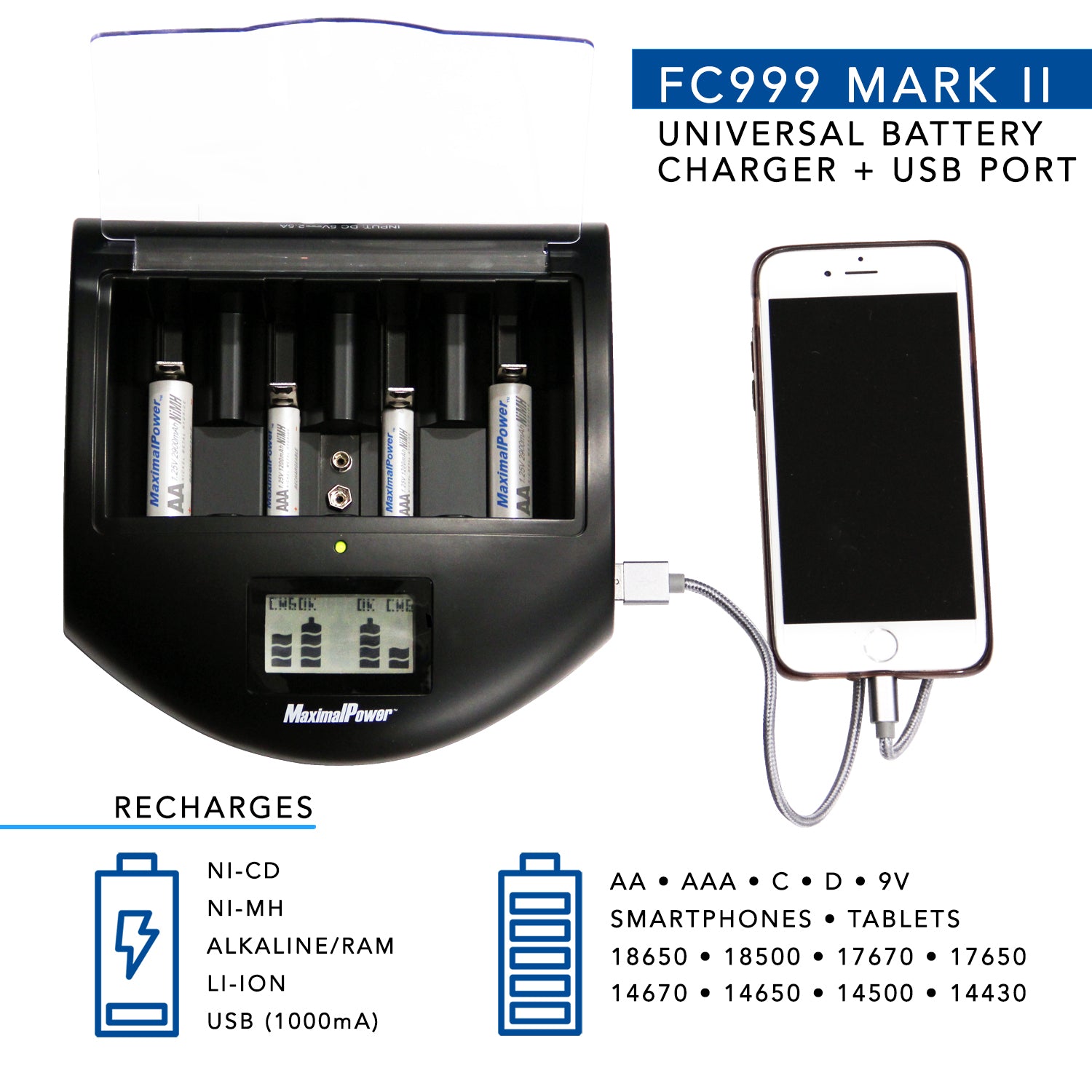 Rapid Battery Charger for Alk/NiMh/NiCd/Li-ion Types with USB Port ...