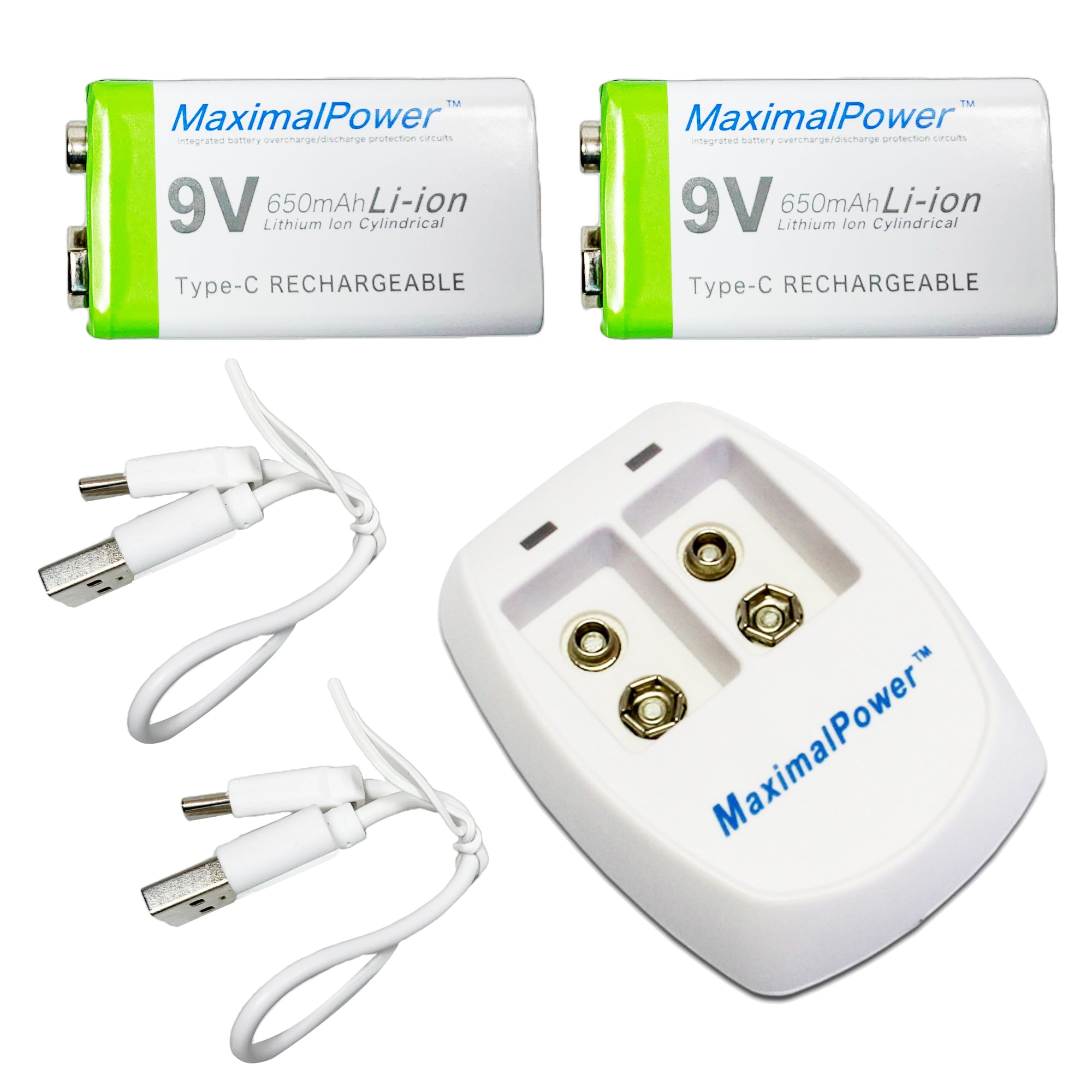 TWO MaximalPower 9 Volt Rechargable Batteries 9V Battery + Dual Wall C